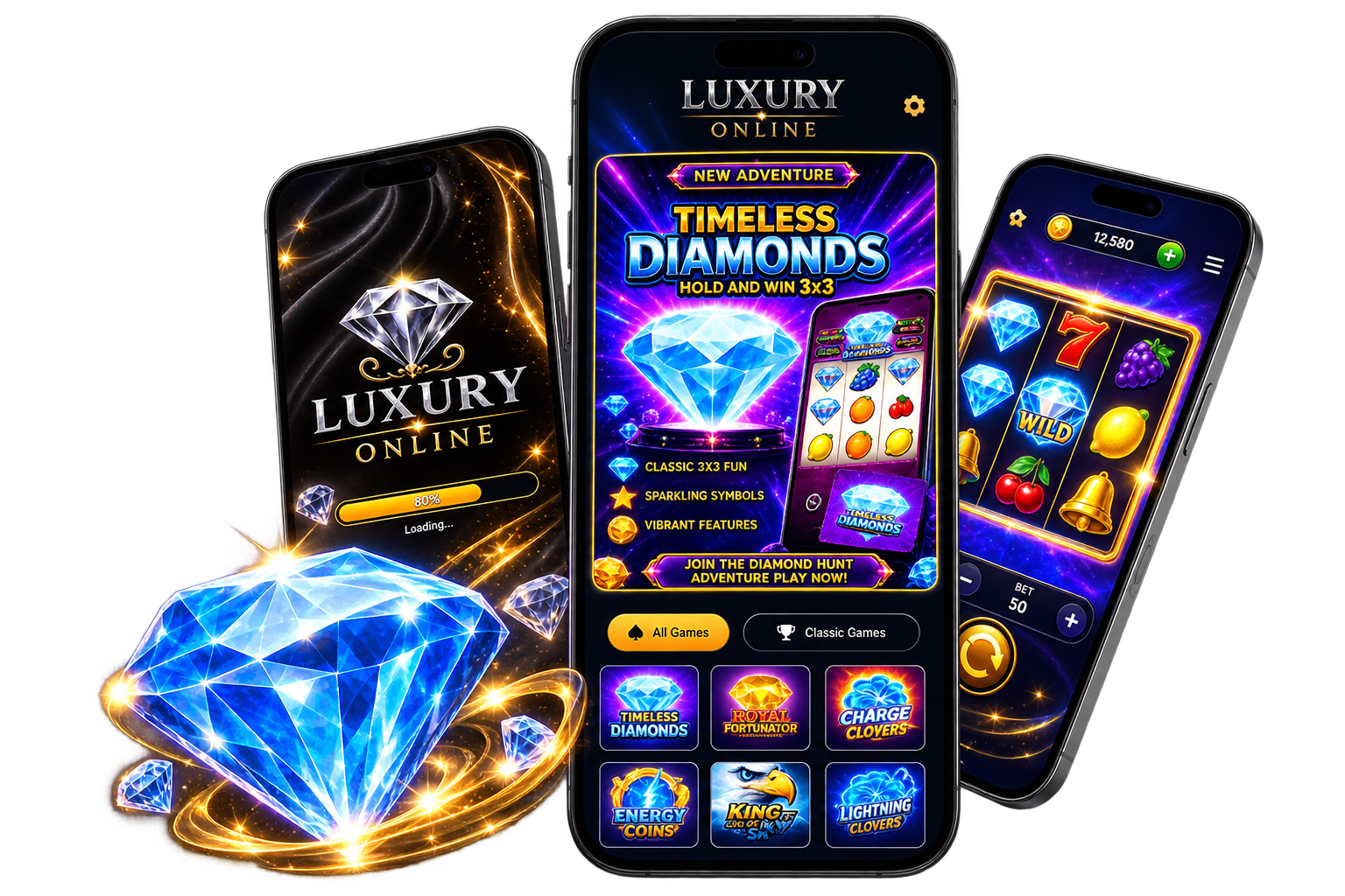 Luxury Online app showing the Timeless Diamonds game screen, flanked by decorative diamonds
